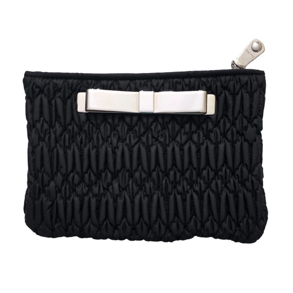 Miu Miu Matelasse Silver Metal Ribbon Black Quilted Nylon Zip Pouch Clutch Prada